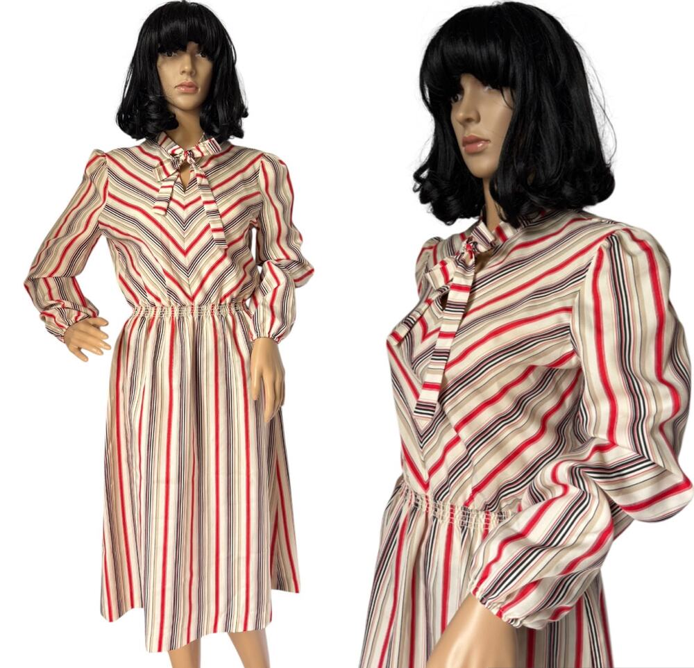 Vintage 1970's Melissa Lane striped dress with neck tie red & tan medium